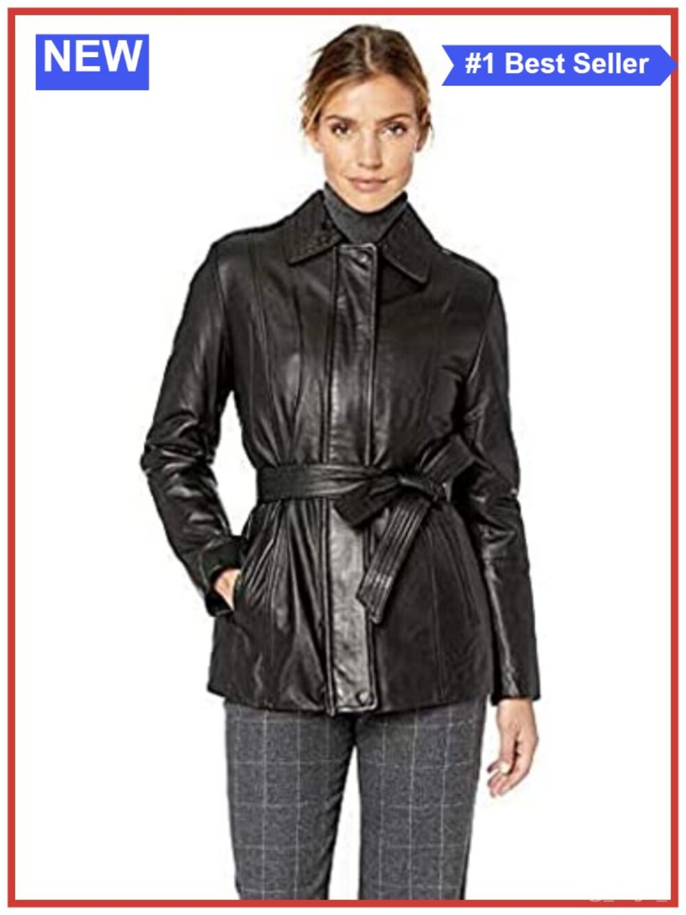 Leather Belted City Coat Long Sleeve Notch Collar Straight Fit